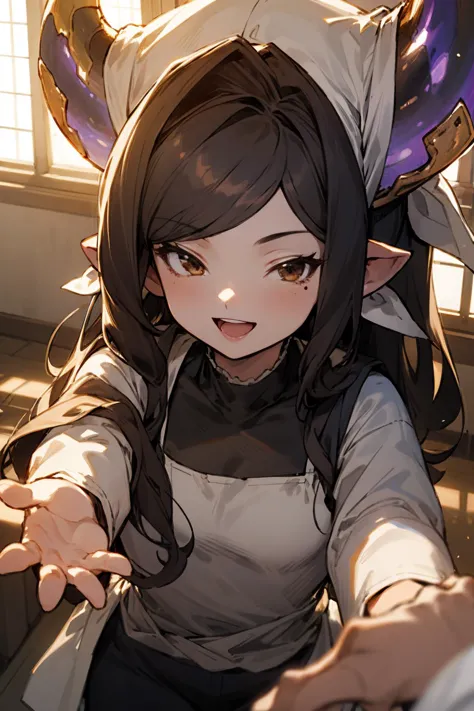 anime girl with horns and a hoodie pointing at something