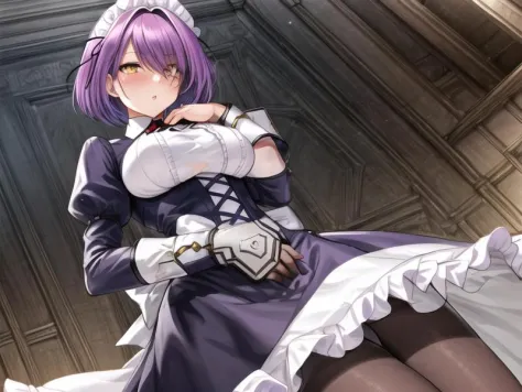 1girl, <lora:Gloucester_v1:0.7>Gloucester,purple hair, short hair,yellow eyes, maid headdress, maid, pantyhose,, <lora:flatBG:-0...