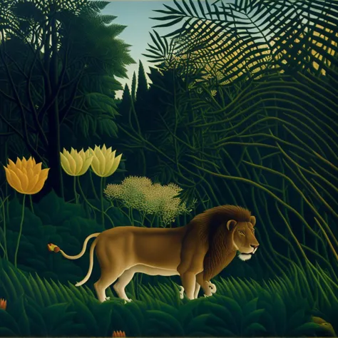 a lion stalking prey in a forest of flowers and plants, by Henri Rousseau