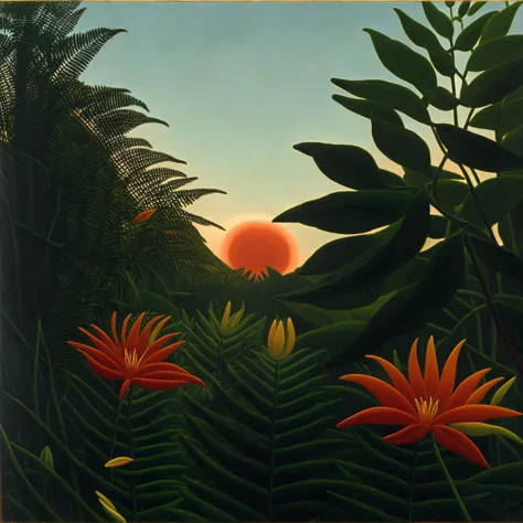 ((masterpiece))), high quality, high resolution, (((professional artist))), (((flower))), ((romanticism)), (ferns), lily, jungle, dusk, sky, tree, branch, red sun, by Henri Rousseau