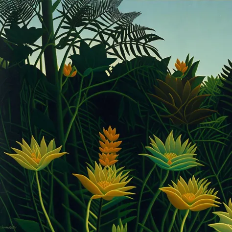 ((masterpiece))), high quality, high resolution, (((professional artist))), many flowers, ((romanticism)), (ferns), lily, jungle, day, sky, tree, branch, (sun), bamboo, by Henri Rousseau