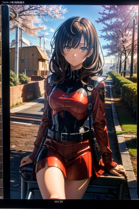 anime girl in red leather outfit standing on a sidewalk