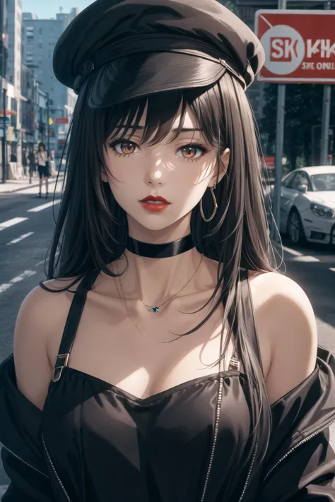 Best Quality,masterpieces,highres,absurdres,ultra-detailed,extremely detailed,official art,CG Unified 8K wallpaper,good lighting,illustrations,exquisite detail,exquisite rendering,
1girl,solo,long hair,hat,black hair,jewelry,choker,necklace,jacket,road sign,brown eyes,sign,blurry,outdoors,upper body,black choker,blurry background,parted lips,lips,collarbone,red lips,Comics,sketches,