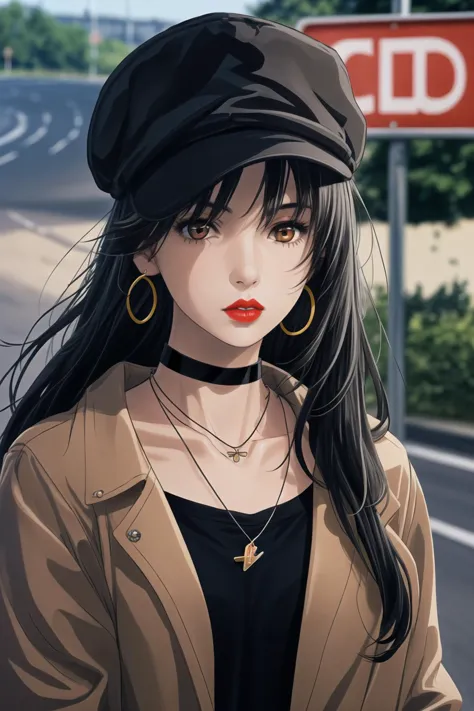 a woman with long black hair wearing a hat and a black top