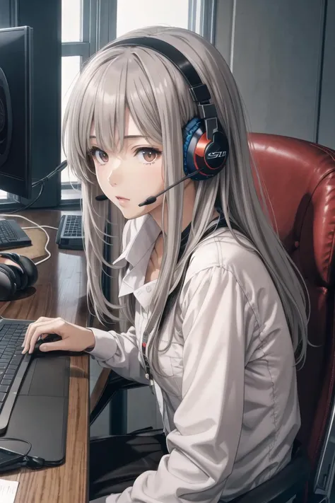 anime girl with headphones sitting at a desk with a laptop