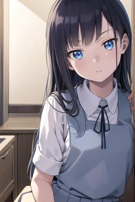 anime girl with blue eyes sitting in a kitchen next to a sink