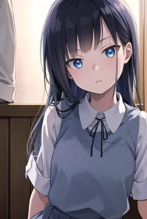 anime girl with blue eyes and a white shirt sitting in a room