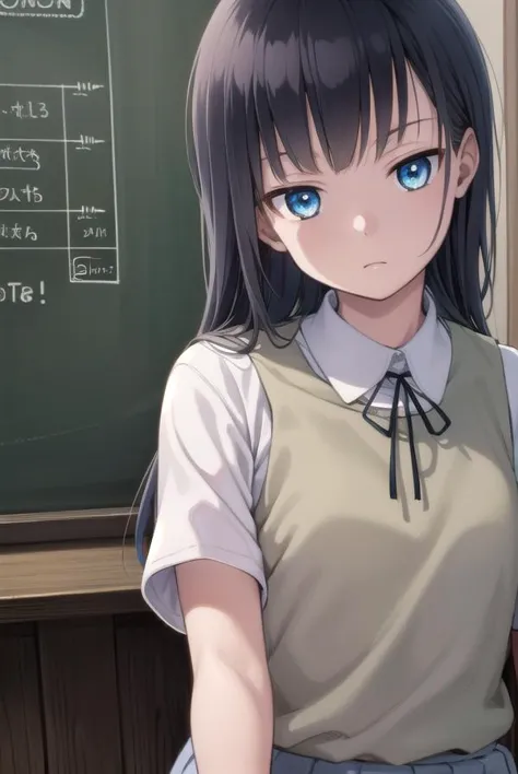 anime girl in school uniform standing in front of a blackboard