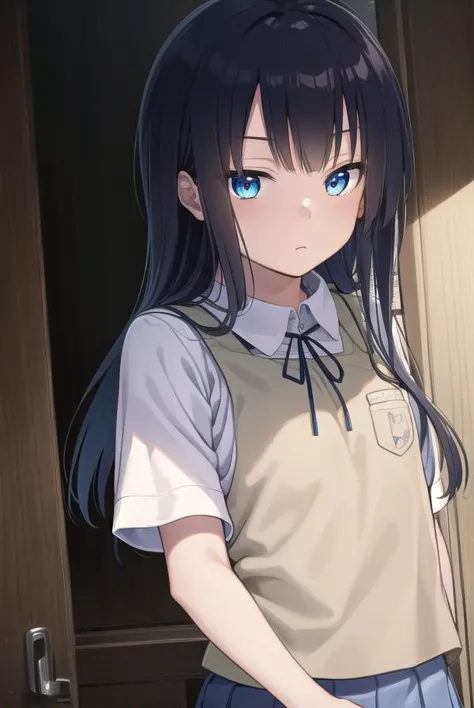 anime girl with long black hair and blue eyes standing in front of a door