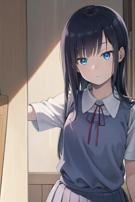 anime girl with long black hair and blue eyes standing in front of a door