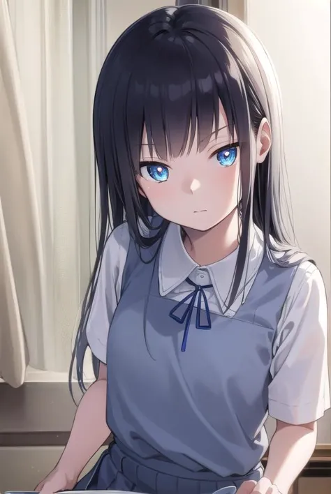 musumesan, <lyco:musumesan-lyco-nochekaiser:1>,
musume san, long hair, bangs, blue hair, blue eyes,
BREAK skirt, shirt, ribbon, school uniform, short sleeves, pleated skirt, vest, neck ribbon, sweater vest,
BREAK indoors,
BREAK looking at viewer, (cowboy shot:1.5),
BREAK <lyco:GoodHands-beta2:1>, (masterpiece:1.2), best quality, high resolution, unity 8k wallpaper, (illustration:0.8), (beautiful detailed eyes:1.6), extremely detailed face, perfect lighting, extremely detailed CG, (perfect hands, perfect anatomy),