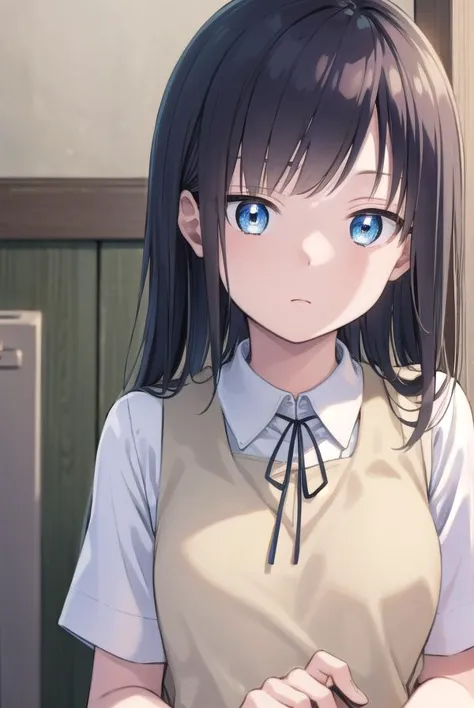 anime girl with long black hair and blue eyes standing in front of a door