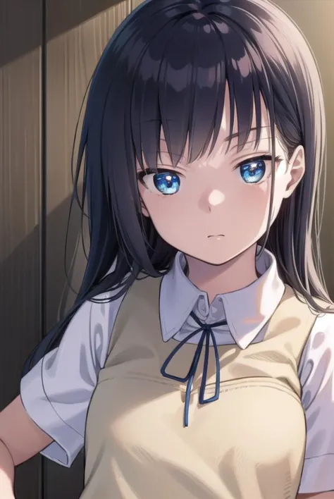 anime girl with long black hair and blue eyes in a school uniform