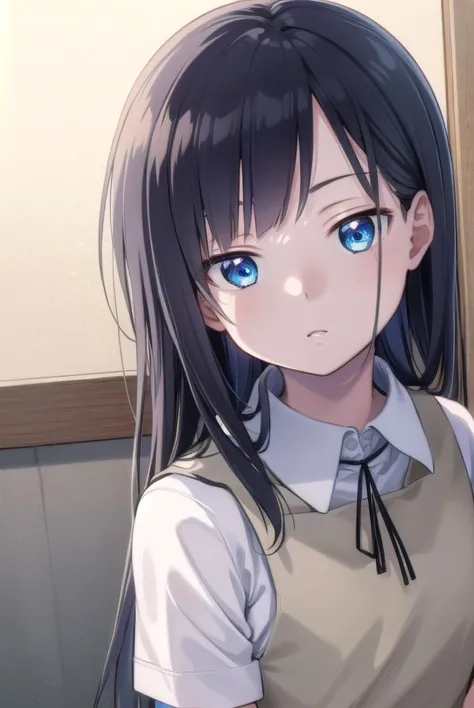 anime girl with long black hair and blue eyes in a school uniform