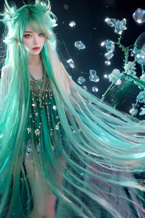 a close up of a woman with long green hair and a green dress