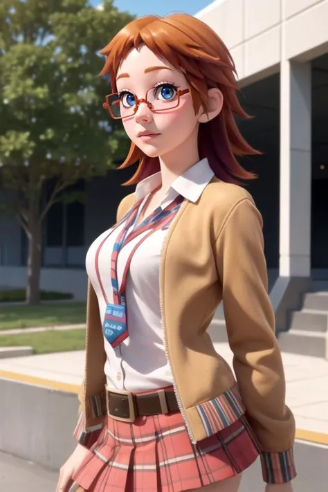 photorealistic, (4k), depth of field, (Masterpiece), (realistic skin texture), extremely detailed, intricate, hyper detailed, high resolution, professional photography, bokeh, depth of field, sharp detail, best quality, looking at viewer, 1girl, solo, mikan_akemi, orange hair, blue eyes, , glasses, , zombie cheerleader costume, shop, 4k resolution