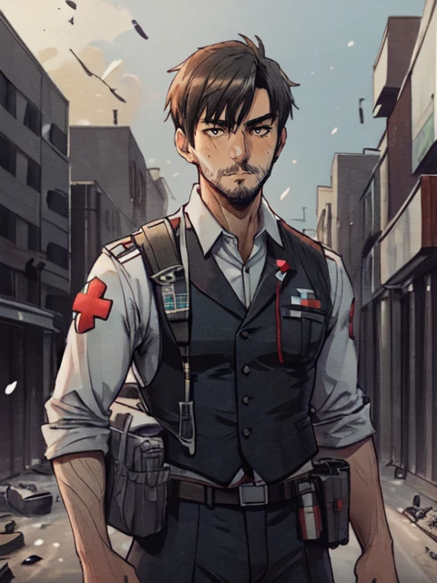 Andr3wM4r  hirosh1_n0texist is a young-Japanse-man with short-black-hair BREAK  solo, upper body, looking at viewer, detailed background, detailed face, (militaristic authoritarian dictatorship theme:1.1), battlefield-medic,  intense expression,  tattered military medic uniform, vest,   belt, red cross,  medical bag,   morphine,  dirt ,   war torn battlefield in background, floating particles, ashes,   planes in the air,  cinematic atmosphere,