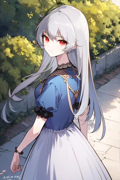 anime girl with long white hair and blue dress walking down a sidewalk