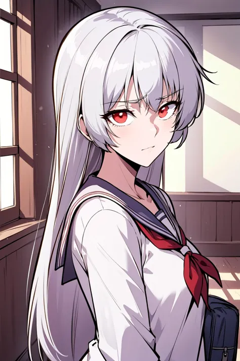 anime girl with long white hair and red eyes in a room