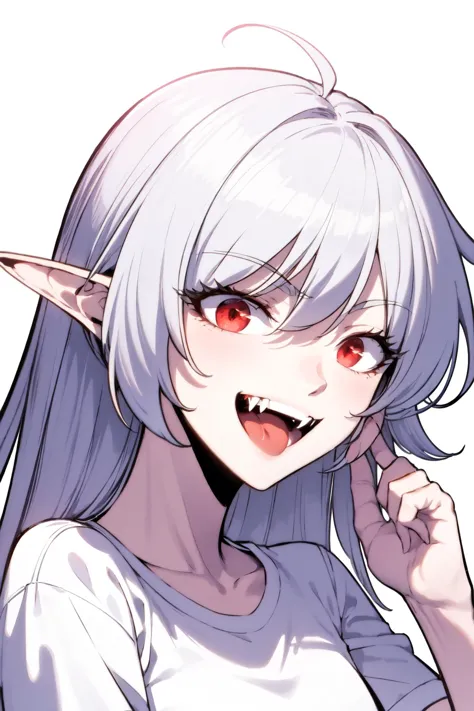 anime girl with white hair and red eyes with horns