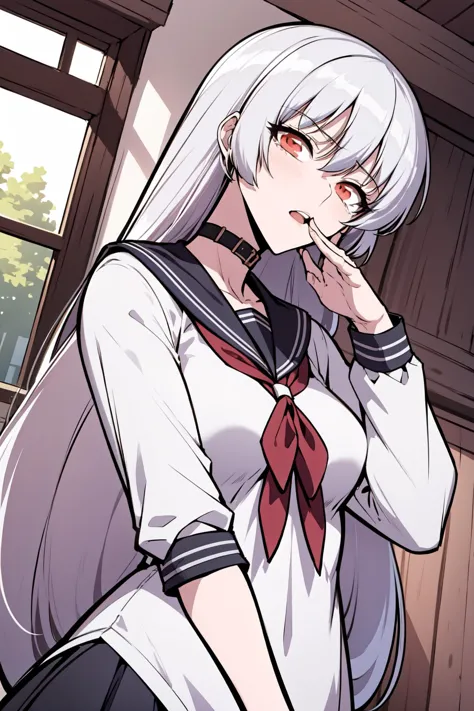 anime girl with white hair and red eyes in a school uniform