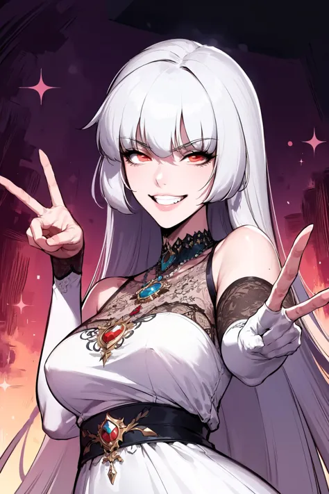 a woman with white hair and a white dress holding a peace sign