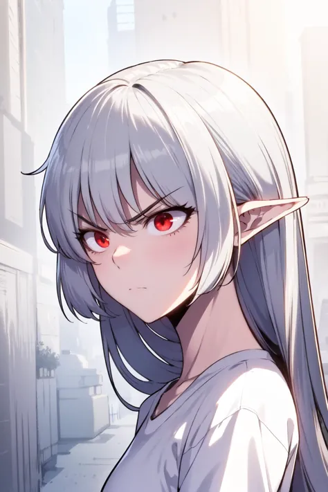 anime girl with long gray hair and red eyes in a narrow alley