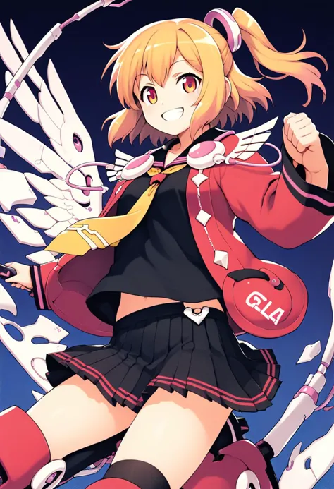 anime girl with wings and a black dress and a red jacket