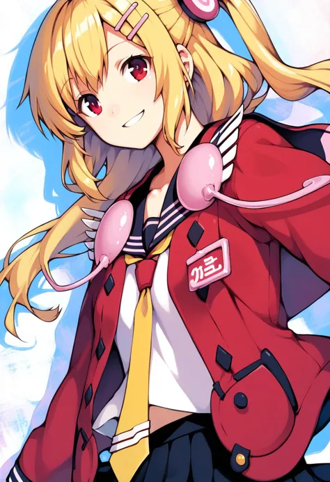 score_9, score_8_up, score_7_up, BREAK source_anime,  1girl, solo,  emiliap, smile, blonde hair, hairclip one side up, red jacket, (cable:0.5), yellow necktie, black skirt, upper body,    <lora:emilia_percival:1>