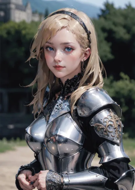 (masterpiece), (extremely intricate:1.3),, (realistic), portrait of a girl, the most beautiful in the world, (medieval armor), metal reflections, upper body, outdoors, intense sunlight, far away castle, professional photograph of a stunning woman detailed,...