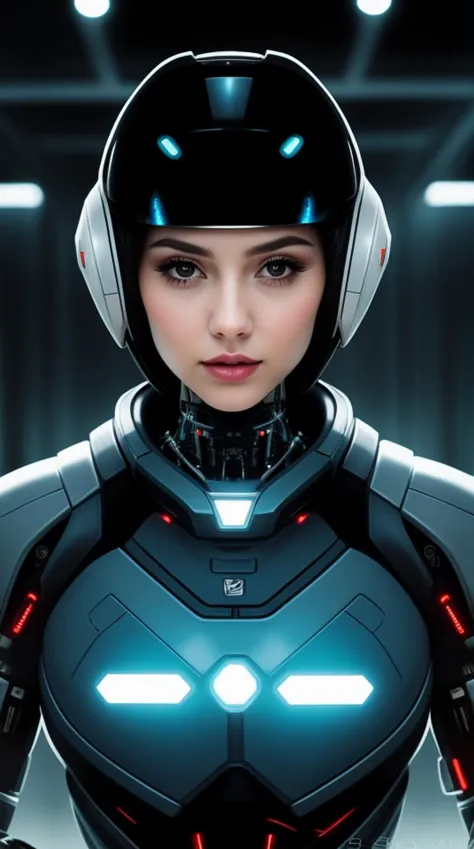 a woman in a futuristic suit with a helmet and headphones