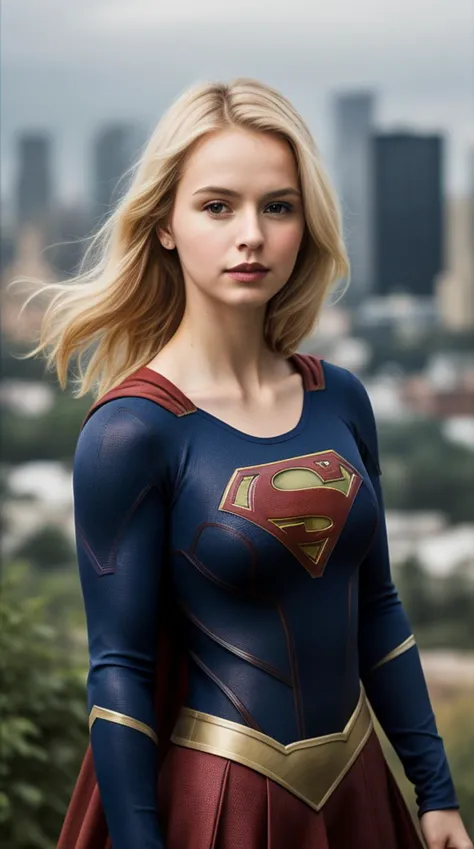 a woman in a superman costume standing in front of a city