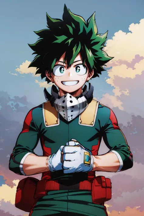 (masterpiece, best quality:1.2), <lora:style_horikoshi_kouhei-20:1>, <lora:mha_midoriya-10:1>, cowboy shot, solo, male focus, 1boy, midoriya izuku, grin, looking at viewer, short green hair, green eyes, green bodysuit, white gloves