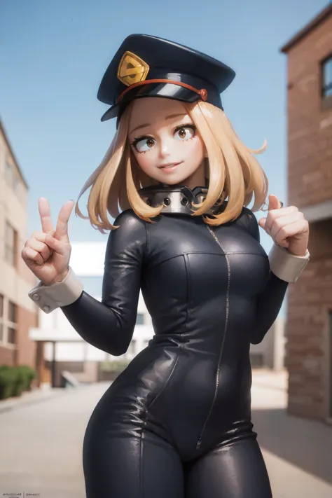 (masterpiece, best quality:1.2), <lora:style_horikoshi_kouhei-20:1>, <lora:mha_utsushimi-10:1>, cowboy shot, solo, 1girl, utsushimi kemii, smile, looking at viewer, hat, black bodysuit