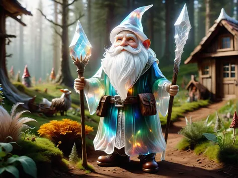 there is a gnome that is standing in the woods with a staff