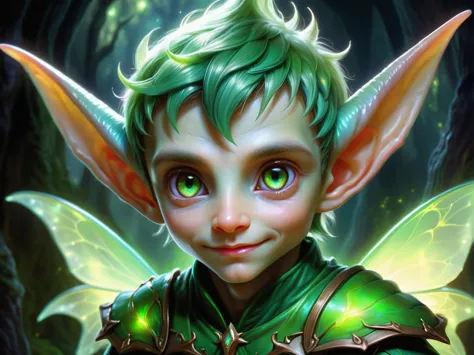 hyper detailed masterpiece, dynamic realistic digital art, awesome quality, male  changeling, tiny fairy elf like creature, baby, otherworldly ethereal glow, distinctive captivating eyes, facial features that convey an otherworldly charm, supernatural abilities elf like pointed ears, enchanted ethereal clothing, innocent <lora:DonMSp3ctr4l-000008:0.8> DonMSp3ctr4l