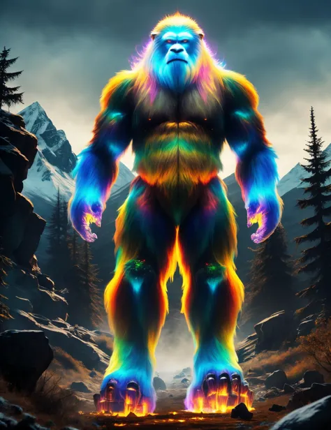 a colorful gorilla standing in the middle of a mountain