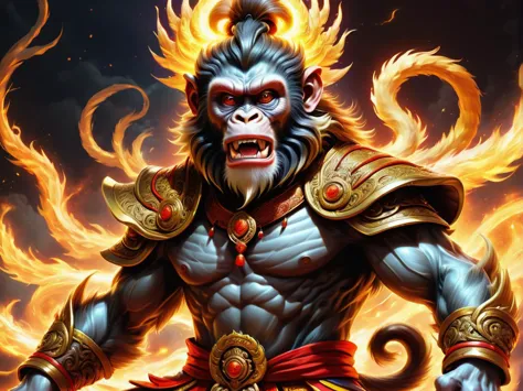 hyper detailed masterpiece, dynamic realistic digital art, awesome quality, amazon, Mythical Monkey King from Chinese folklore, ...