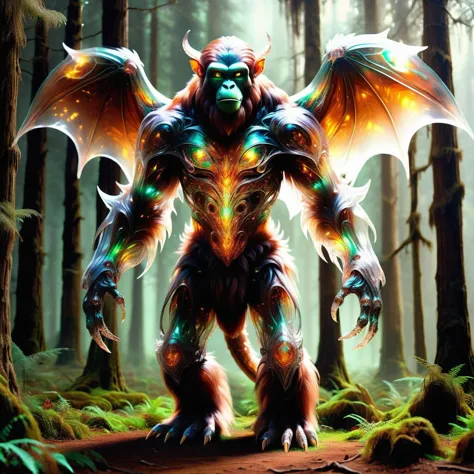 a close up of a creature with wings in a forest