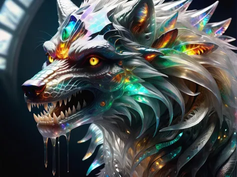 hyper detailed masterpiece, dynamic realistic digital art, awesome quality,transparent, transluscent space wolf, female human, h...