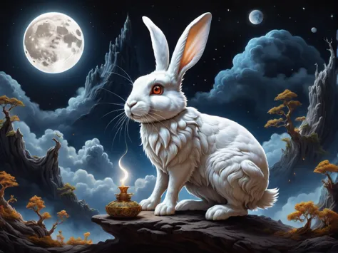 hyper detailed masterpiece, dynamic realistic digital art, awesome quality, moon rabbit, Mythical lunar creature,  pounding an e...