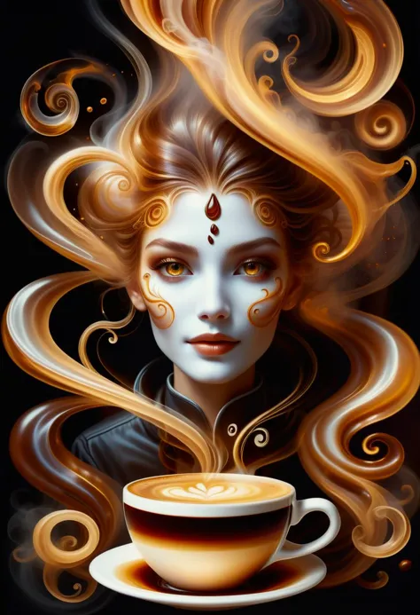 hyper detailed masterpiece, dynamic, awesome quality,female coffee spirit, transparent Ethereal entity embodying the essence of ...