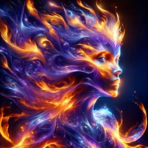 a woman with fire and blue hair is shown in this image