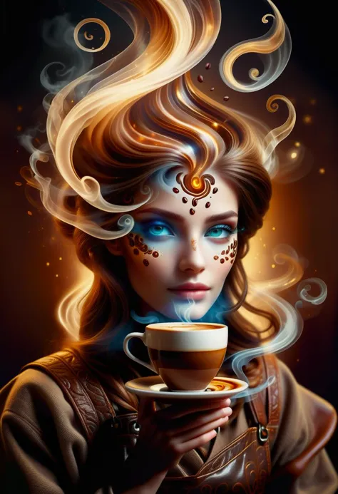 a woman with a cup of coffee and steam coming out of her face