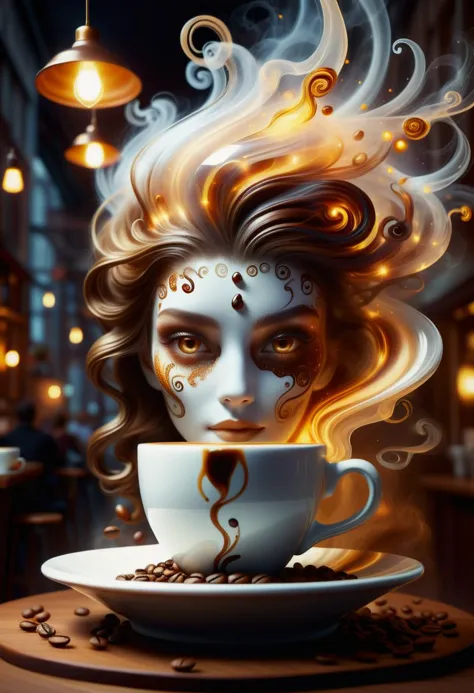hyper detailed masterpiece, dynamic, awesome quality,female coffee spirit, transparent Ethereal entity embodying the essence of ...