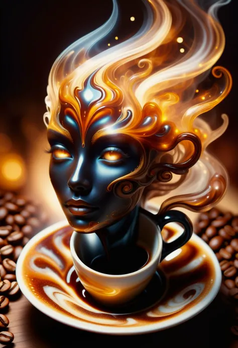 hyper detailed masterpiece, dynamic, awesome quality,female coffee spirit, transparent Ethereal entity embodying the essence of coffee,
          aroma of freshly brewed coffee, eyes shimmer like coffee beans,
          swirls of steam, human-like form, energy, inspiration, warmth, cozy morning, bar, spreading comfort and alertness,
          accessories related to coffee culture, rising from a coffee cup <lora:DonMW15pXL-000008:0.5>  <lora:DonMSp3ctr4l:0.65> DonMSp3ctr4l