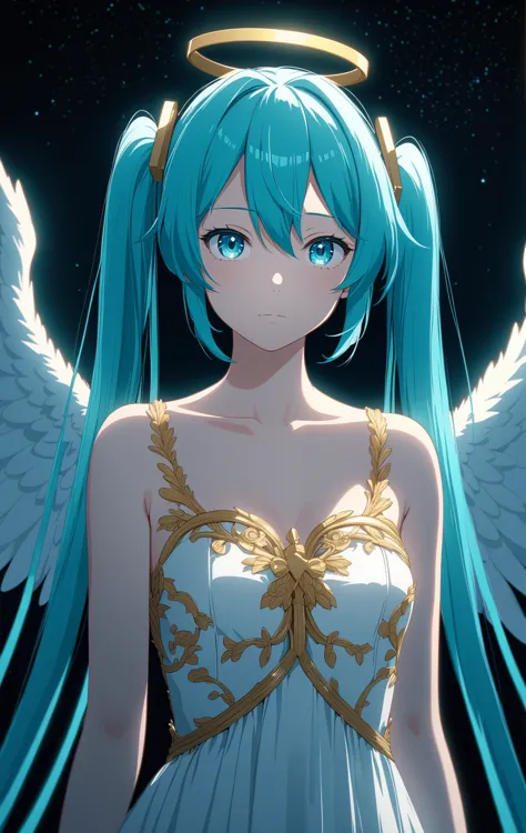 masterpiece, best quality, hatsune miku, white gown, angel, angel wings, golden halo, dark background, upper body, closed mouth,...