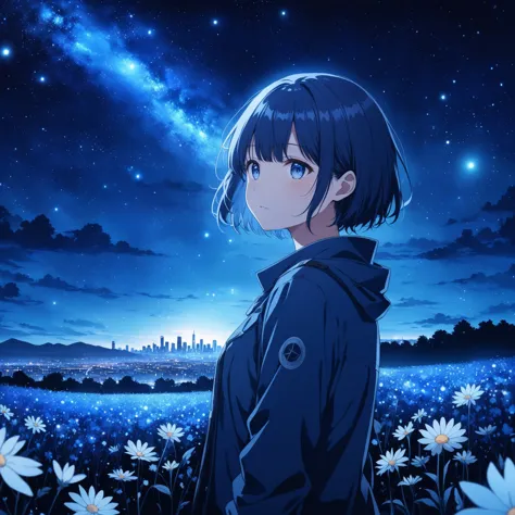 anime girl, night, blue light behind her, ((Galaxy, Lens flare)), short hair, flower field, night sky, cinematic shot. Wallpaper...