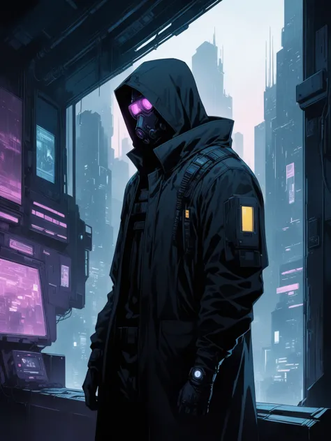 In the dystopian cityscape of cyberpunk, a mysterious figure shrouded in shadows stands, exuding an air of annoyance. The dusky ...