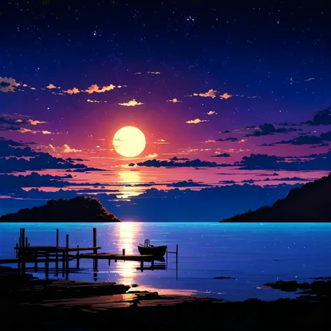 anime artwork masterpiece, sea view from an old rusty dock, clear night sky, great moonlight reflects from the sea <lora:shuimob...